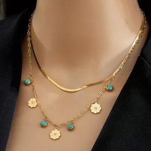 Necklace 2 Layer Green Stone Flower Pendant - Stainless Steel